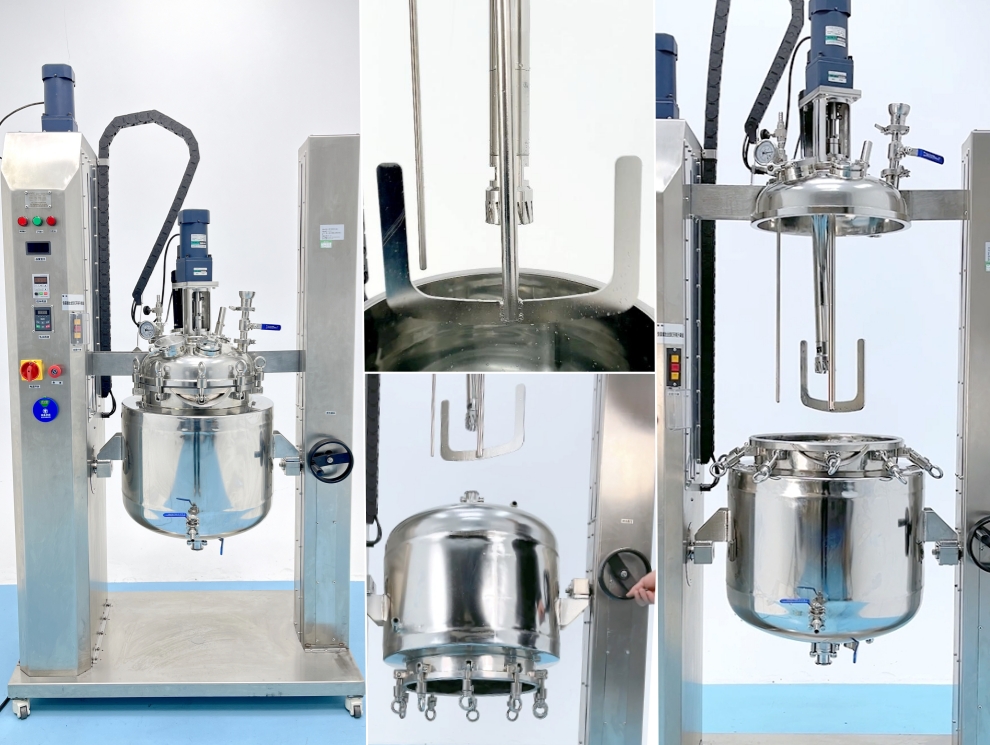 50L Stainless Steel Jacketed Mixing and Emulsion Reactor with Automatic Lifting Lid and Manual Rotatable Tank